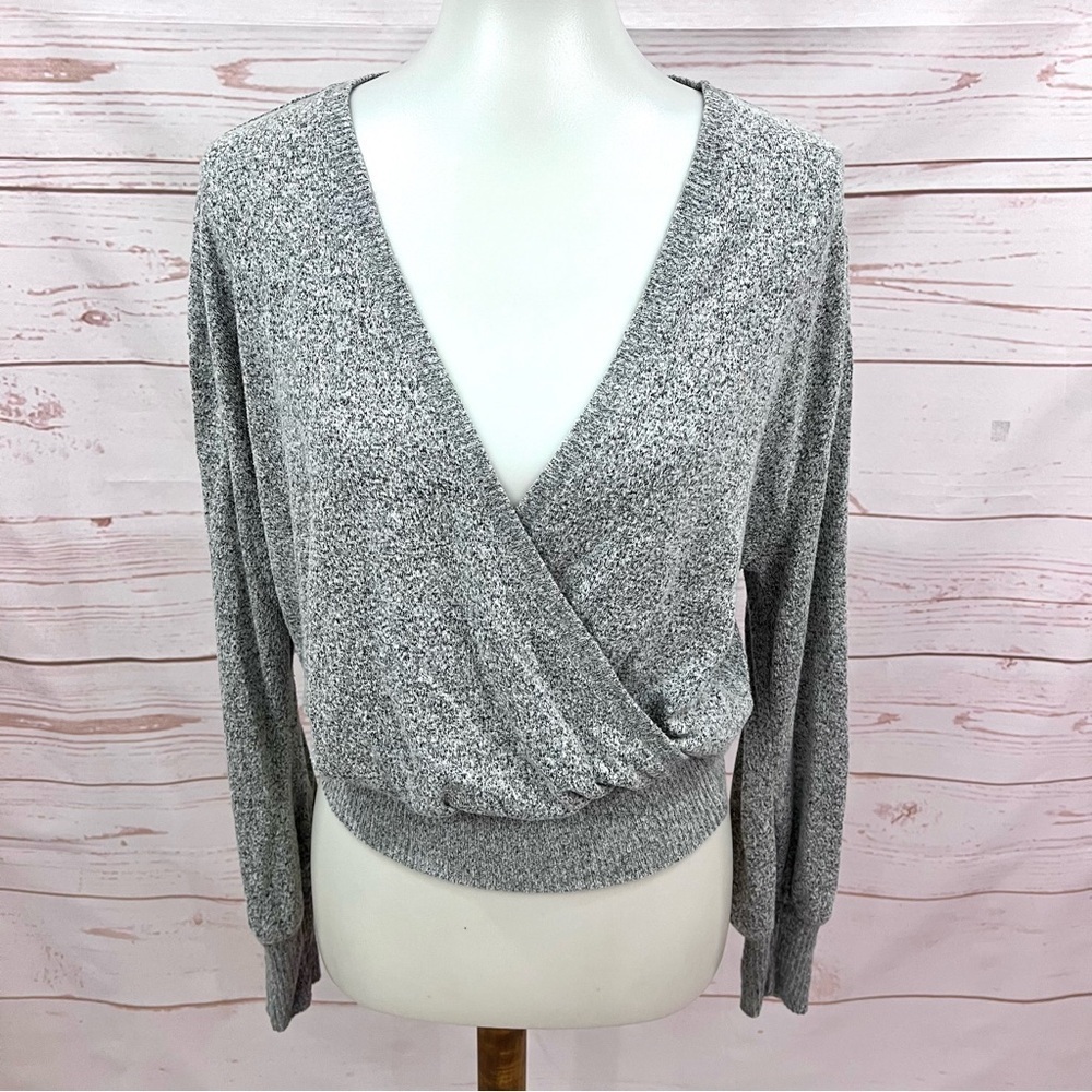 Anthropologie Rocio Surplice Sweater Knit Crossover Wrap Top Heathered Gray